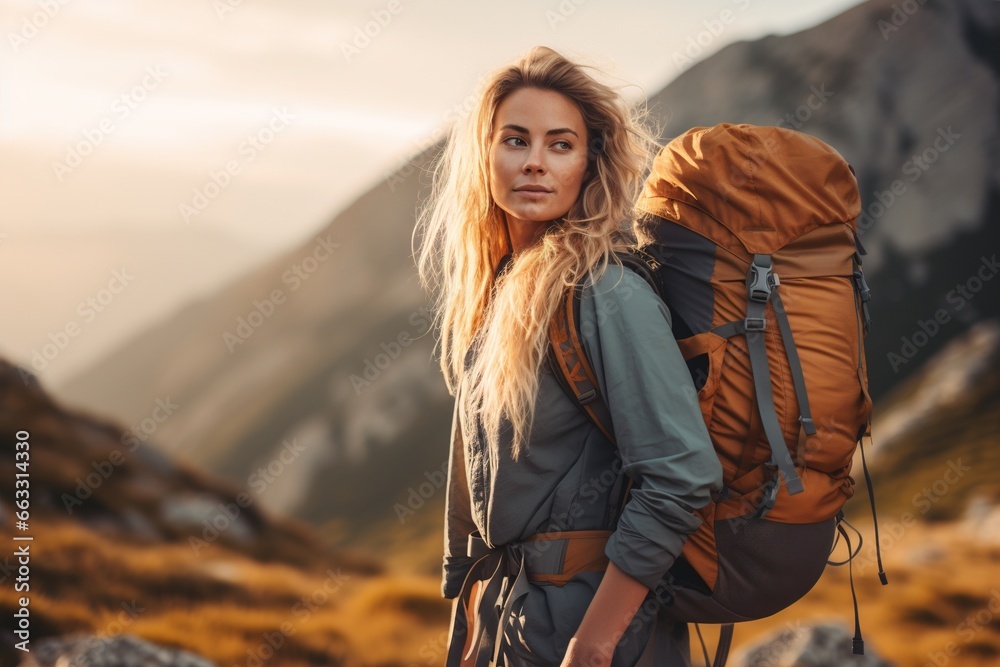 Beautiful woman hiker with backpack hiking in the mountains at sunset Beautiful woman hiker with backpack hiking in the mountains at sunset