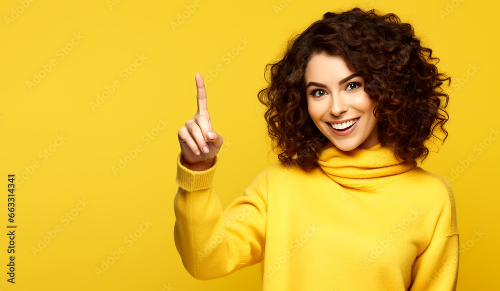 LAUGHING YOUNG WOMAN POINTING WITH A FINGER AT EMPTY SPACE. image created by legal AI LAUGHING YOUNG WOMAN POINTING WITH A FINGER AT EMPTY SPACE. image created by legal AI