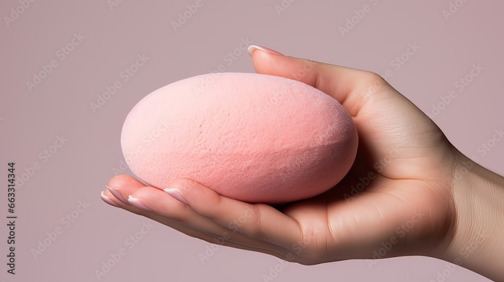 A makeup artist's hand holds a blending sponge for precise makeup application. Seamless finish, expert touch, flawless complexion, makeup artistry. Crafted with care. Generated by AI A makeup artist's hand holds a blending sponge for precise makeup application. Seamless finish, expert touch, flawless complexion, makeup artistry. Crafted with care. Generated by AI