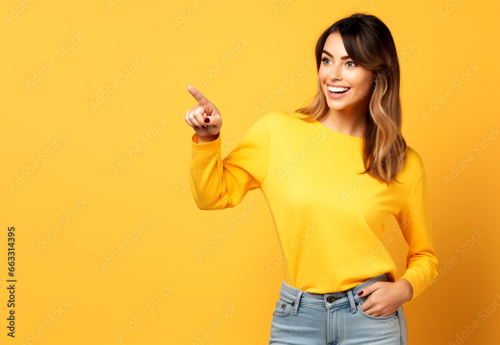 LAUGHING YOUNG WOMAN POINTING WITH A FINGER AT EMPTY SPACE. image created by legal AI LAUGHING YOUNG WOMAN POINTING WITH A FINGER AT EMPTY SPACE. image created by legal AI