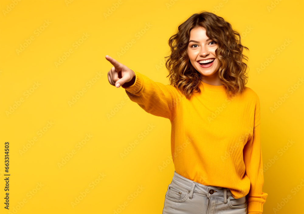 LAUGHING YOUNG WOMAN POINTING WITH A FINGER AT EMPTY SPACE, PAYING ATTENTION TO SOMETHING NEW. image created by legal AI LAUGHING YOUNG WOMAN POINTING WITH A FINGER AT EMPTY SPACE, PAYING ATTENTION TO SOMETHING NEW. image created by legal AI