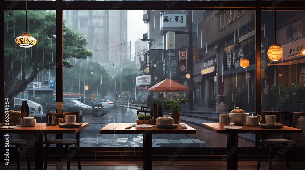 ambience modern japanese coffee shop, coffee and tea on a table