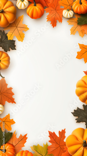 Autumn background with pumpkins and leaves ornamental around frame on isolated white  Thanksgiving background theme