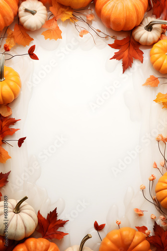 Autumn background with pumpkins and leaves ornamental around frame on isolated white, Thanksgiving background theme