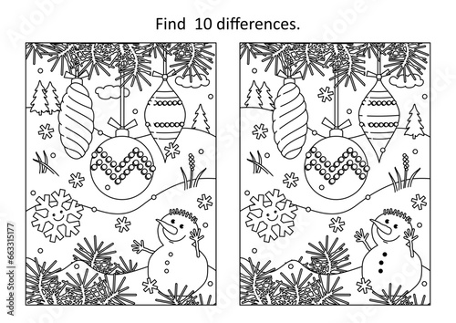 Difference game with three beautiful christmas ornaments and cute snowman
