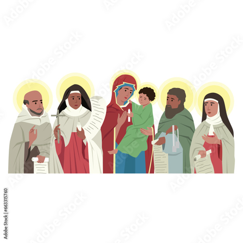 The litany of saints. Bible or Biblical story. Flat vector illustration isolated on white background