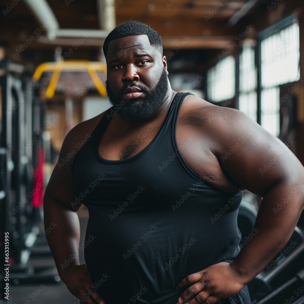 Overweight black man in the gym Overweight black man in the gym