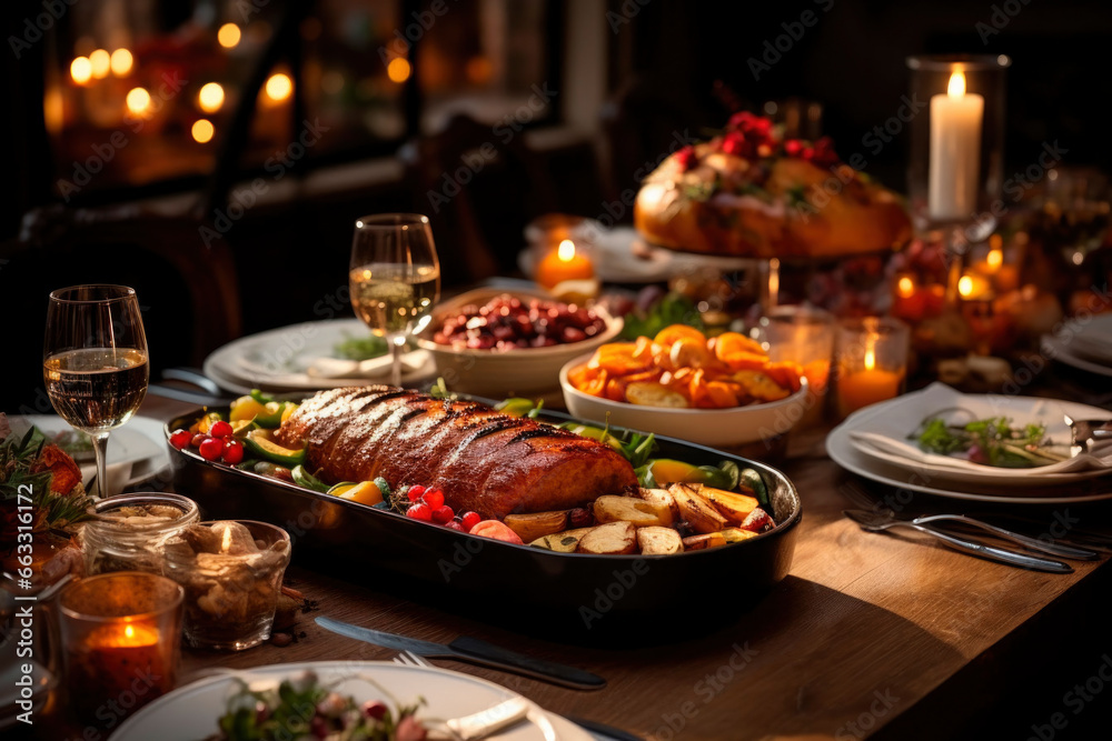 warm, rustic charm of a Thanksgiving dinner table, beautifully set with all traditional trimmings to celebrate holiday