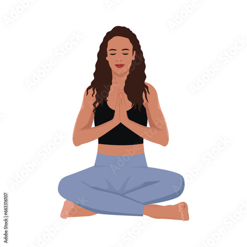 Black woman meditating. Healthy lifestyle, yoga, meditation, relax, recreation. Flat vector illustration isolated on white background