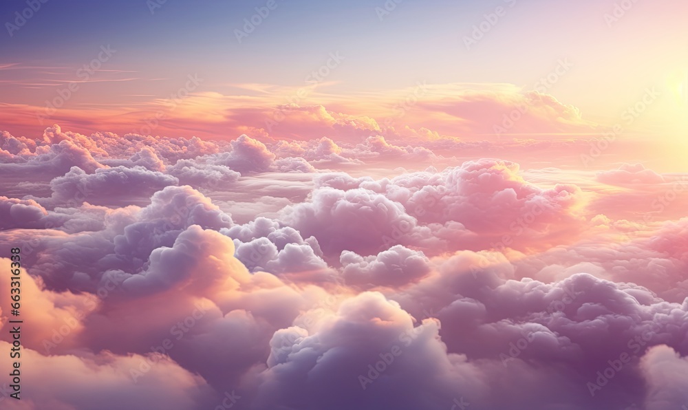 beautiful clouds with a lovely sunset, colorful and realistic aerial view. Generative AI