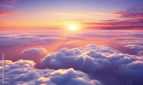 beautiful clouds with a lovely sunset, colorful and realistic aerial view. Generative AI