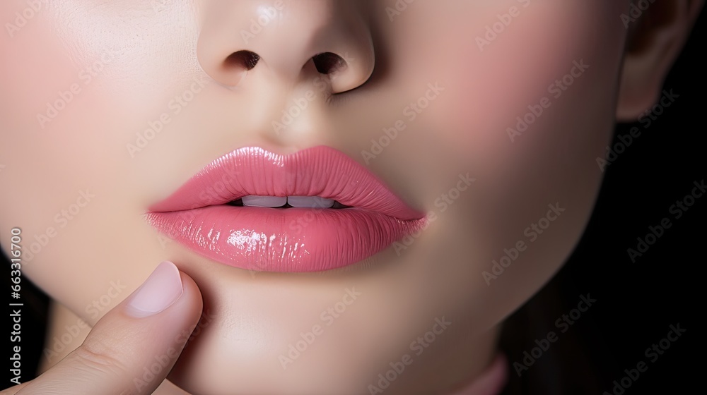 Fototapeta premium Person expertly uses a lip brush to achieve the perfect lip line. Makeup artistry, flawless definition, expert technique, lip perfection. Crafted with care. Generated by AI