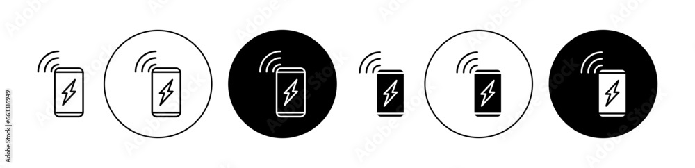 Wireless charging icon set. Electric wireless phone charge vector symbol. Wireless fast car smartphone charger icon in black color for ui designs. - obrazy, fototapety, plakaty 