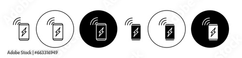 Wireless charging icon set. Electric wireless phone charge vector symbol. Wireless fast car smartphone charger icon in black color for ui designs.