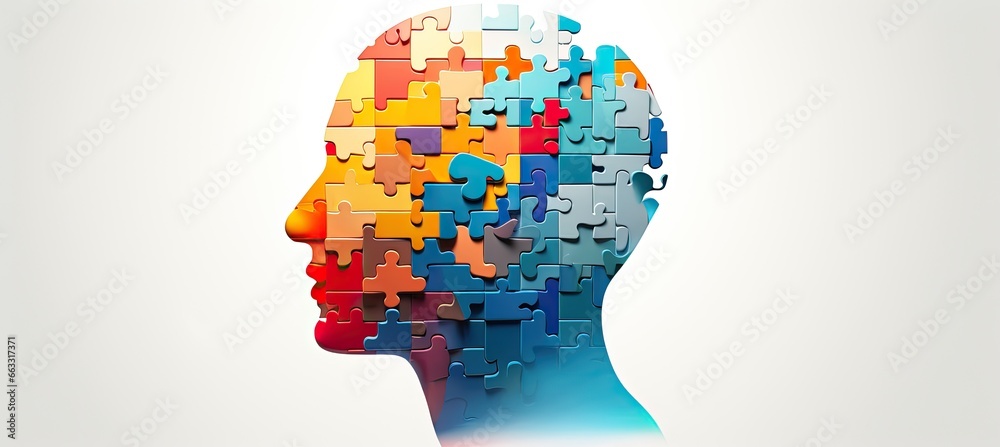 Image of a human head made up of puzzle pieces with vivid colors. Generative AI