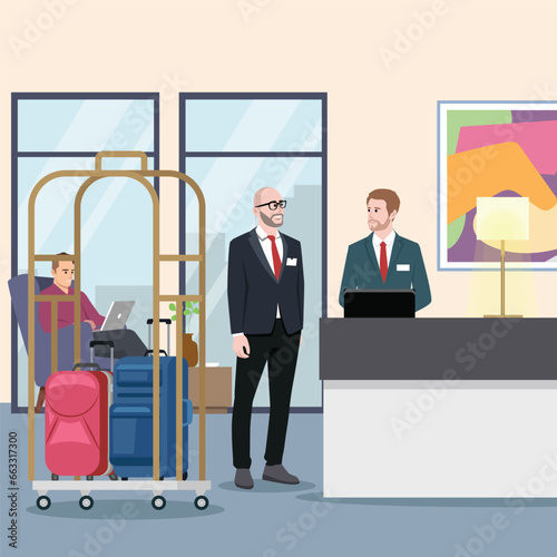 Man with suitcases is standing at reception desk. Check into hotel. Receptionist welcomes the guest. Hostel interior with administrator. Bellboy with cart Tourist with luggage in lobby.
