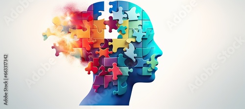 Image of a human head made up of puzzle pieces with vivid colors. Generative AI photo