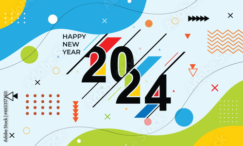 happy new year abstract geometric greeting banner design. new year 2024 minimalist design coloring geometric shape with background. perfect for branding, banner, poster, cover, templates.