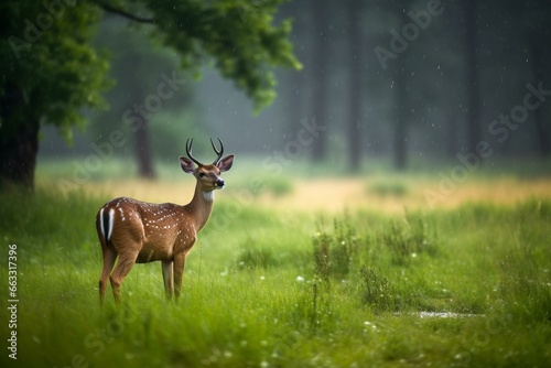 Adorable deer calmly feeding on the lush meadows under rain and sunshine. Generative AI