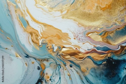 Abstract acrylic background with marbling artwork texture, agate ripple pattern, and gold powder. Generative AI