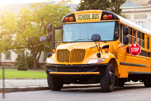 Fototapeta Naklejka Na Ścianę i Meble -  Shot of retro-styled yellow school bus standing still on serene road