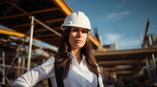 Confident female architect standing in construction site, overseeing the progress of a house building project. Strong woman leader in construction and architecture field. Equality in business.