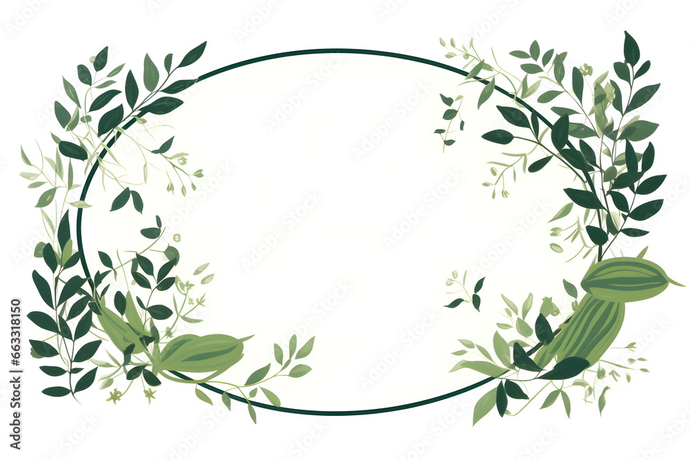 a circular frame with green leaves and branches. Abstract Olive color foliage background with negative space for copy.