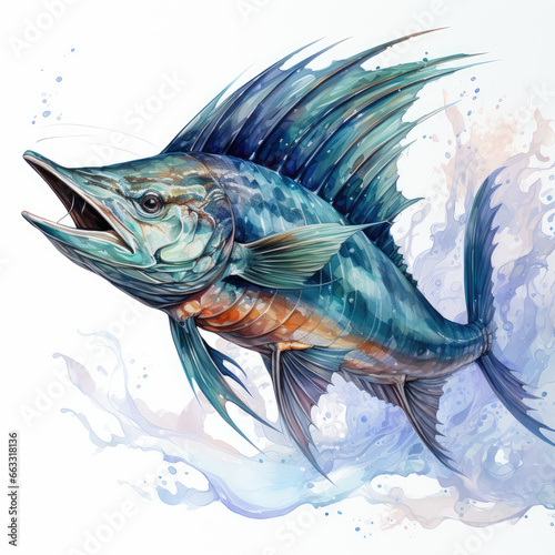 watercolor Swordfish dragon full clipart, Generative Ai