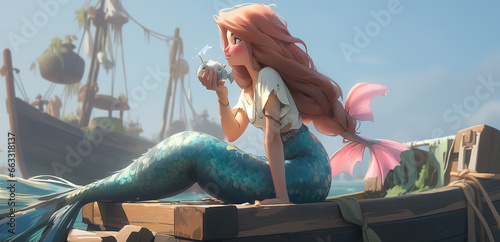 cute lovely mermaid sitting on a boat, anime artwork