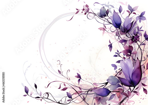 a painting of purple flowers and vines on a white background. Abstract Purple foliage background with negative space for copy.