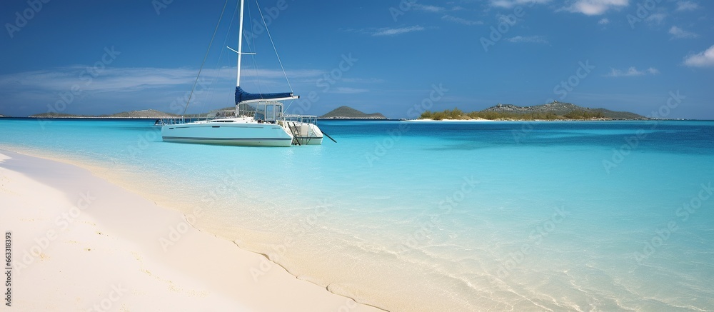 White sand beach with blue ocean lagoon and moored