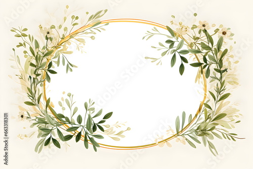 a round frame with green leaves and flowers. Abstract Olive color foliage background with negative space for copy.