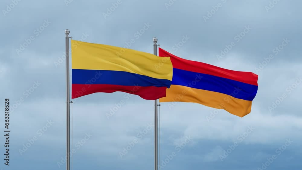 Armenia and Colombia flag waving together on cloudy sky, endless seamless loop, two country cooperation concept Armenia and Colombia flag waving together on cloudy sky, endless seamless loop, two country cooperation concept