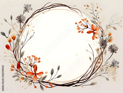 a circular frame with flowers and leaves on a white background. Abstract Rust color foliage background with negative space for copy.