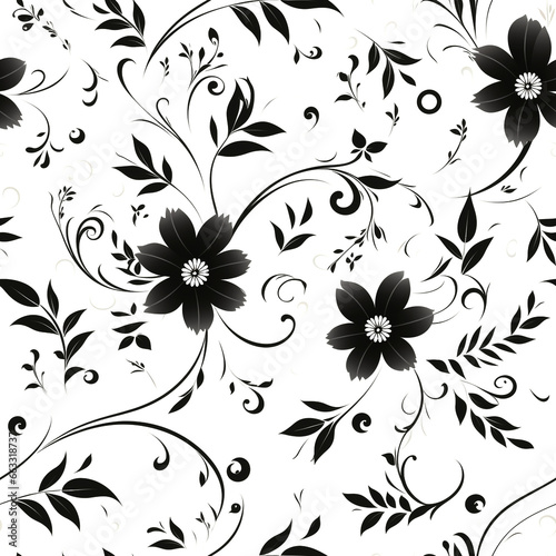 Vintage black flowers swirl on white background   flowing silhouettes