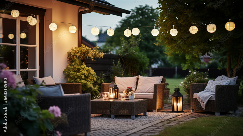 Summer evening on the patio of beautiful suburban house with wicker furniture lights and lanterns in the garden. Generative AI