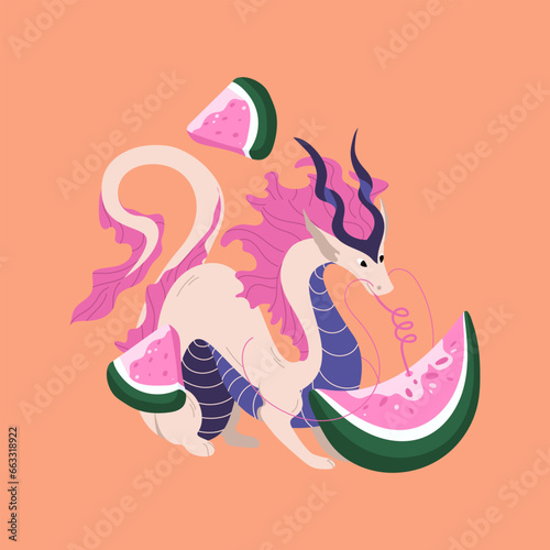 Chinese dragon drink watermelon juice through straw. Slice of fruit fly around dragon. Traditional mascot of lunar 2024 New Year. Vector illustration in flat style for spring holiday. Design of summer