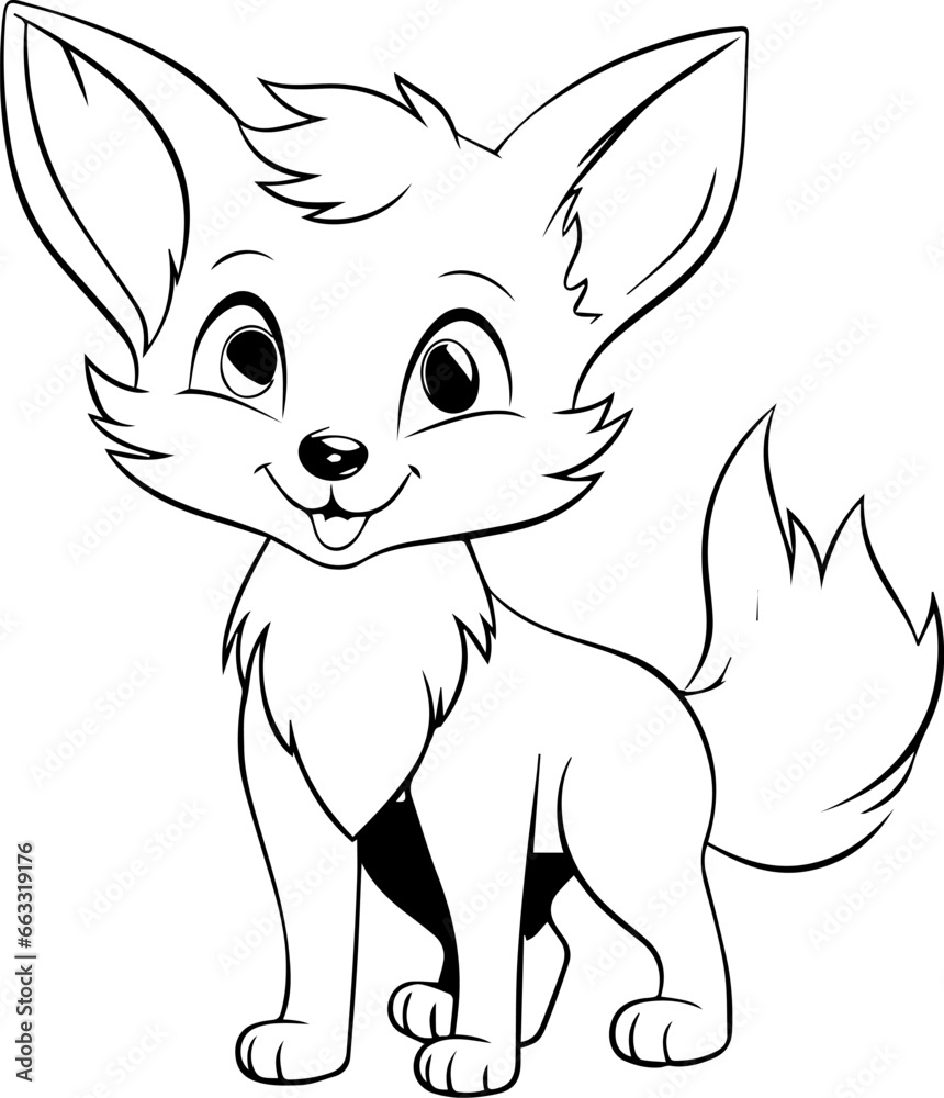Coloring book, illustration of Fox, kawaii style, line drawing, Fox