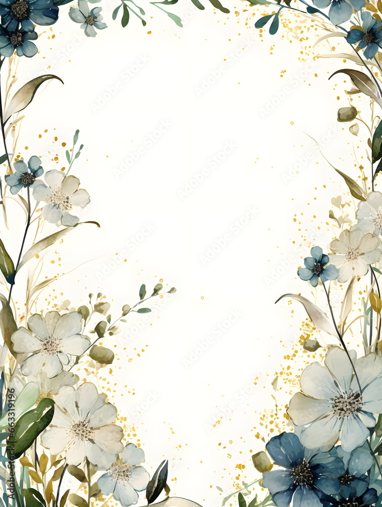 a watercolor painting of flowers and leaves on a white background. Abstract Beige foliage background with negative space for copy.