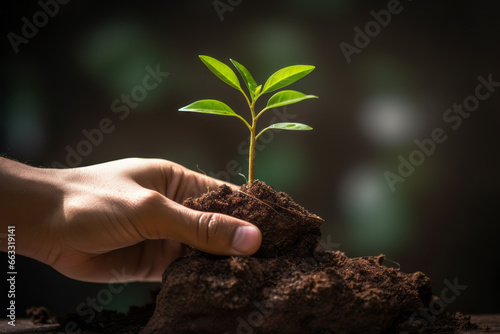 Planta creciendo en manos de una persona. photo