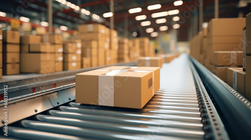 Cajas de paquetería en cinta transportadora de empresa logística.