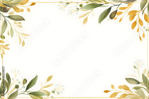 a square frame with leaves and branches on a white background. Abstract Olive color foliage background with negative space for copy.