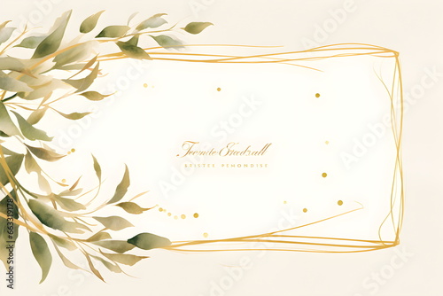 a watercolor painting of a gold frame with green leaves. Abstract Olive color foliage background with negative space for copy.