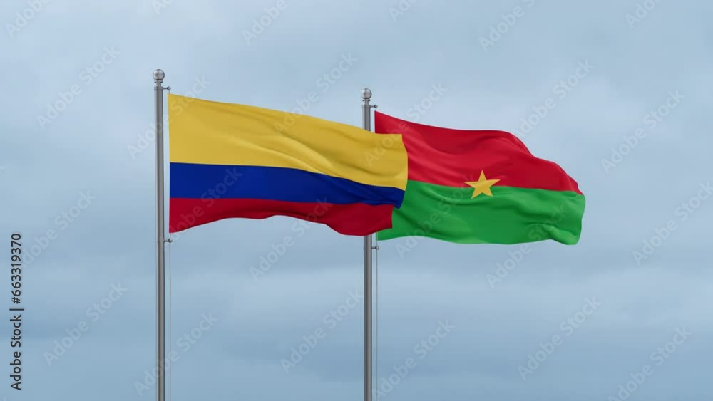 Burkina Faso flag and Colombia flag waving together on cloudy sky, endless seamless loop, two country relations concept Burkina Faso flag and Colombia flag waving together on cloudy sky, endless seamless loop, two country relations concept