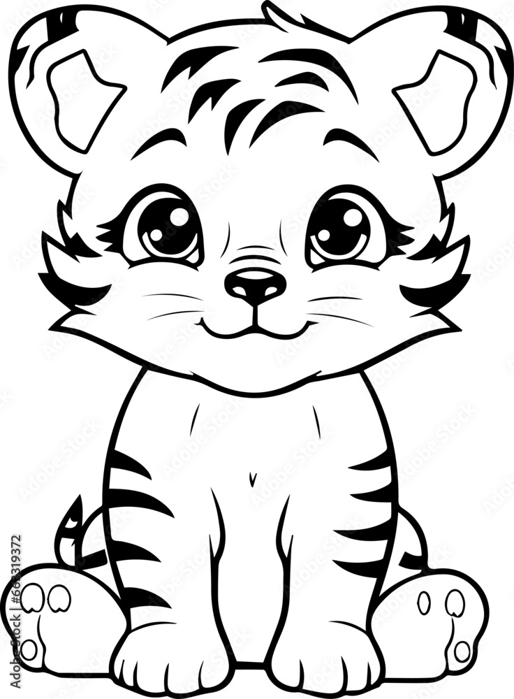 Coloring book, Tiger illustration, kawaii style, line drawing, Tiger