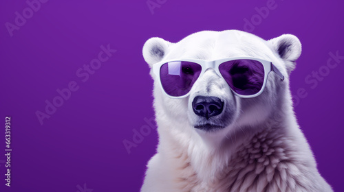 Oso polar en fondo de color con gafas de sol con cristal lila. photo