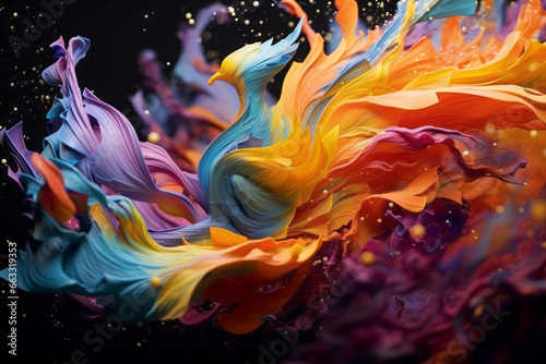 Ilustración abstracta con pintura de muchos colores en forma de cisne imaginario en fondo negro