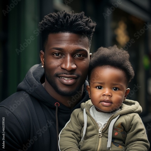 Photographic portrait of a Black father with his son