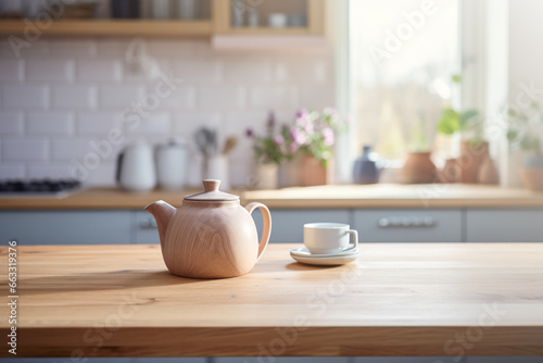 Imagen de una encimera de cocina con una tetera y una taza. photo