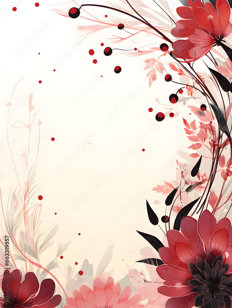 a floral background with red flowers and black leaves. Abstract Maroon foliage background with negative space for copy.